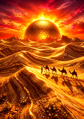 Golden Desert Caravan at Sunset