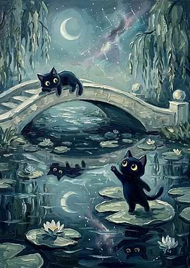 Black Cats at Night Pond