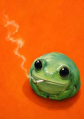 Smoking Green Frog on Orange Background