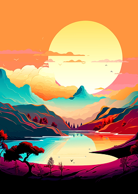 Vibrant Sunset Over Mountain Lake