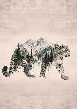 Double Exposure Snow Leopard Mountain Art