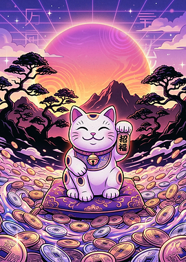 Synthwave Maneki-Neko Lucky Cat