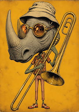 Stylish Rhino Musician Playing Trombone