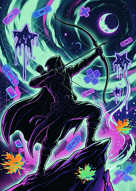 Neon Archer Silhouette in Cosmic Void
