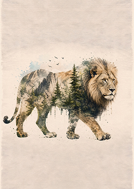 Double Exposure Lion Mountain Landscape Art