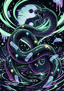 Neon Glitch Snake with Yin Yang