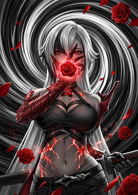Anime Warrior with Red Roses