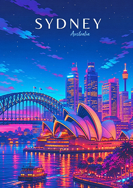 Vibrant Sydney Skyline Night Poster