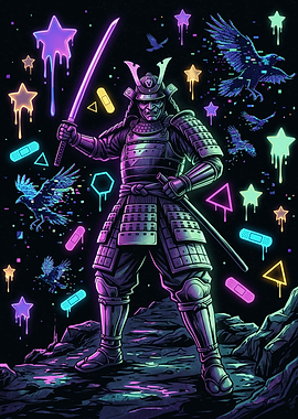 Neon Glitch Samurai Warrior Art