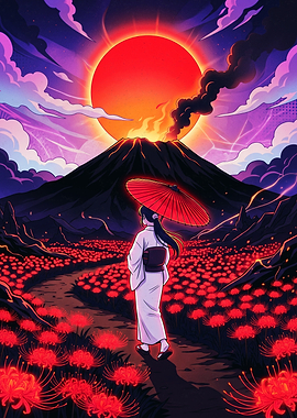 Woman in Kimono Before Volcanic Sunset