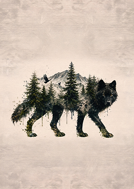 Double Exposure Wolf Forest Art