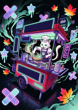 Neon Cyberpunk Cat Street Food Chef