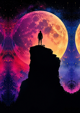 Silhouette Standing Before Giant Moon