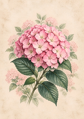 Vintage Botanical Pink Hydrangea Illustration