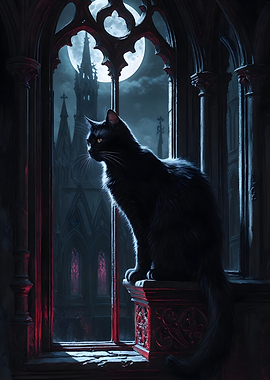 Black Cat in Gothic Window