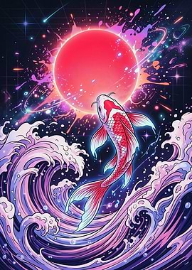 Neon Koi Fish and Cosmic Sun