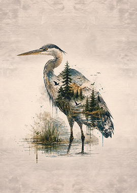Double Exposure Heron Forest Art