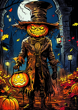 Spooky Pumpkin-Headed Scarecrow Halloween Illustration