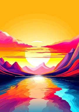 Vibrant Abstract Sunset Mountain Landscape