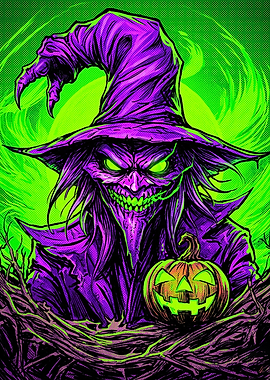 Neon Halloween Witch with Jack-o'-lantern