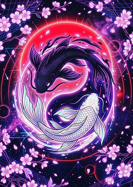 Neon Yin Yang Koi Fish Art