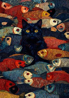 Black Cat Surrounded by Colorful Fish
