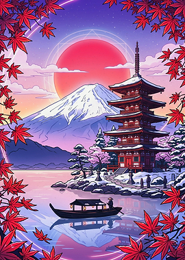 Mount Fuji and Pagoda Winter Scene