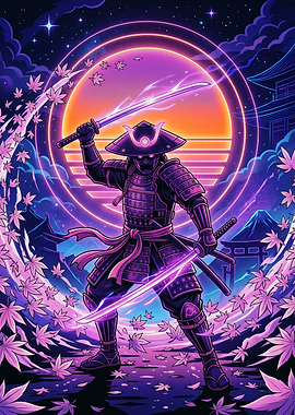 Neon Samurai Warrior with Glowing Katanas