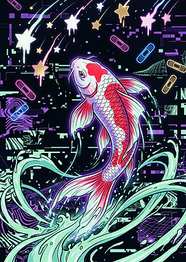 Neon Glitch Koi Fish Illustration