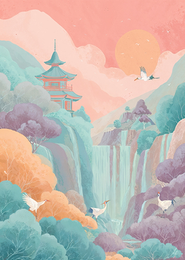 Traditional Asian pagoda with waterfalls and cranes