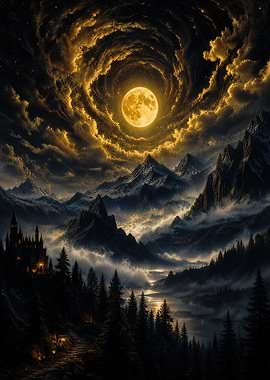 Moonlit Vortex Over Misty Mountains