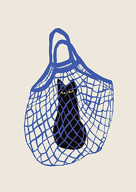 Black Cat in Blue Mesh Bag