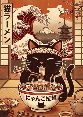 Cute Black Cat Eating Ramen