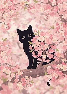 Black Cat in Cherry Blossoms