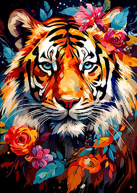 Vibrant Tiger Portrait with Floral Accents