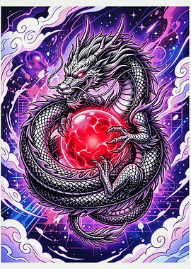 Cosmic Dragon Holding Glowing Orb