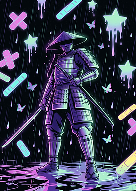 Neon Samurai with Floating Bandages