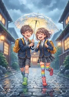 Happy School Children Playing in Rain
