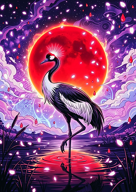 Red Sun Crane Japanese Art