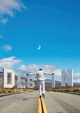 Man Walking Toward Destiny Sign