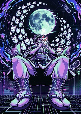 Cyberpunk Kitsune Mask Digital Art