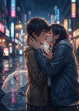 Romantic Kiss in Rainy City Street