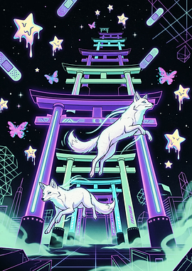 Neon Cyberpunk Fox Torii Gates