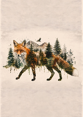 Double Exposure Fox Forest Art