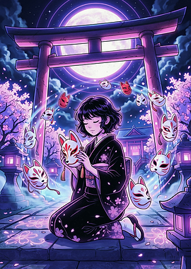 Anime Girl with Kitsune Masks