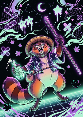 Neon Cyberpunk Raccoon Samurai Illustration