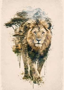 Double Exposure Lion and Savannah Landscape