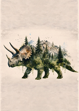 Double Exposure Triceratops Forest Art