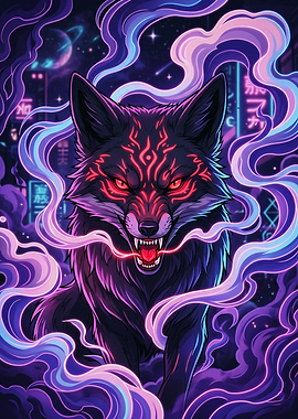 Cyberpunk Neon Wolf Digital Art