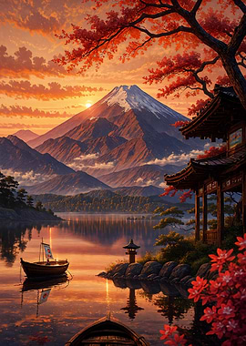 Mount Fuji Sunset Over Lake Japanese Landscape